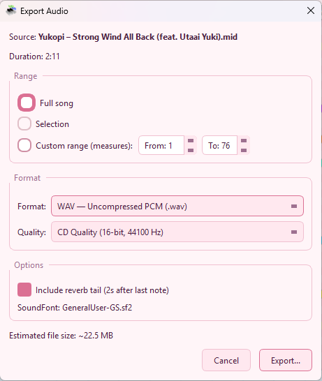 Export Audio dialog showing format, quality, range, and reverb tail options