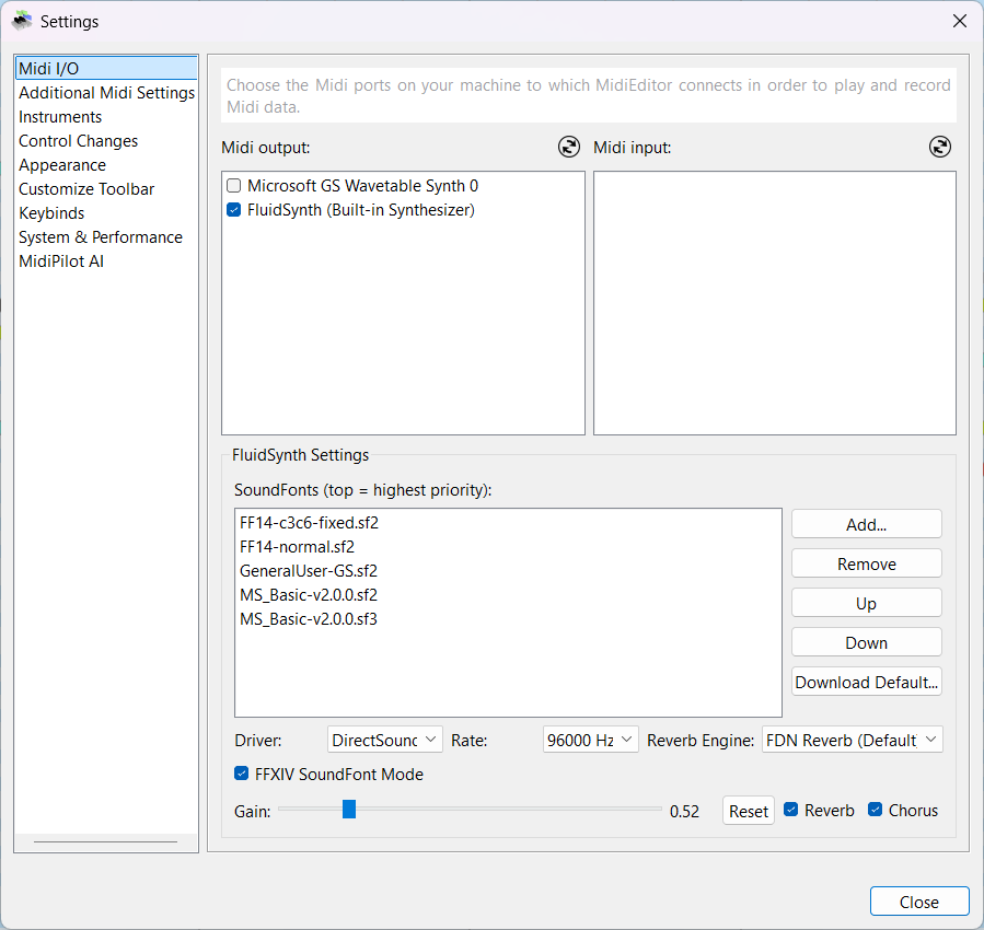 FluidSynth settings panel showing SoundFont list, audio driver, sample rate, reverb engine, gain, and FFXIV SoundFont Mode checkbox