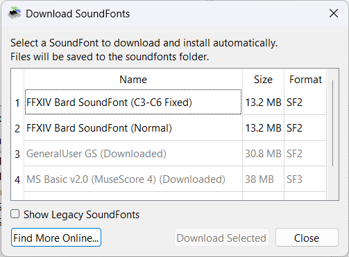 Download SoundFonts dialog showing FFXIV Bard, GeneralUser GS, and MS Basic v2.0 SoundFonts